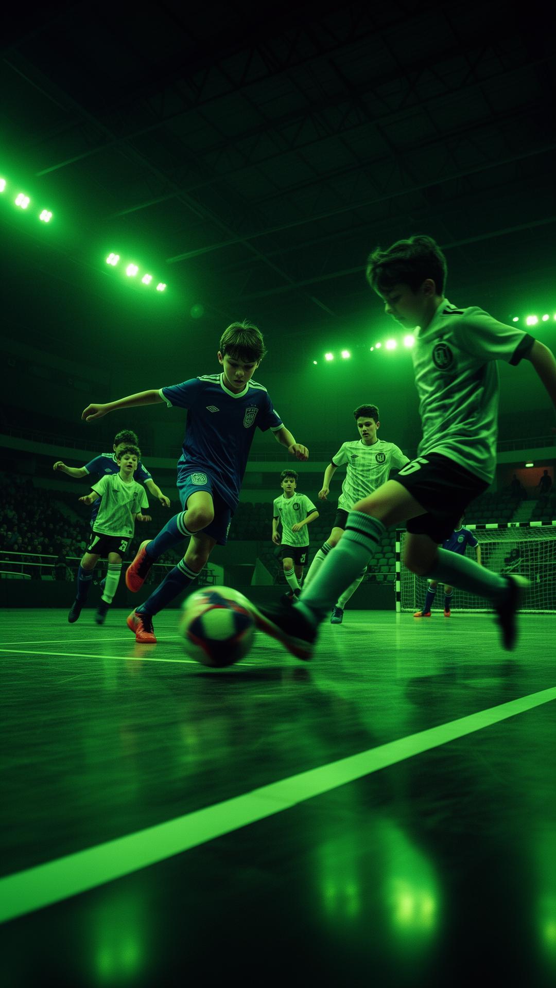 Futsal action under green stadium lights